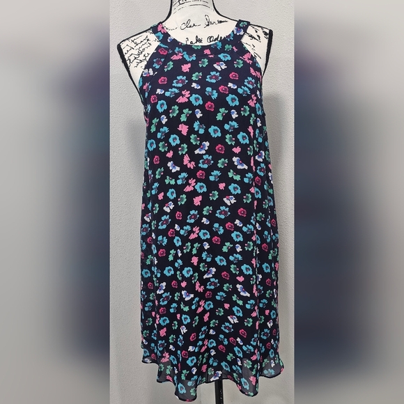 Betsey Johnson Navy Blue Pink Green Floral Halter Sleeveless Shift Dress Size 10 - Picture 1 of 14